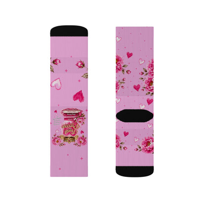 Pink Floral Heart Sublimation Socks — Romantic Valentine's Day Crew Socks