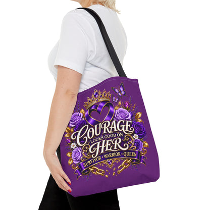 Purple "Courage Looks Good on Her" Survivor Tote Bag — Breast Cancer Awareness, Warrior Queen Gift