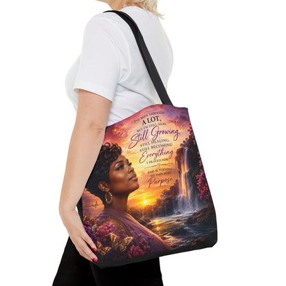 Inspirational 'Still Growing' Tote Bag — Empowering Women's Portrait Beach Sunset Design