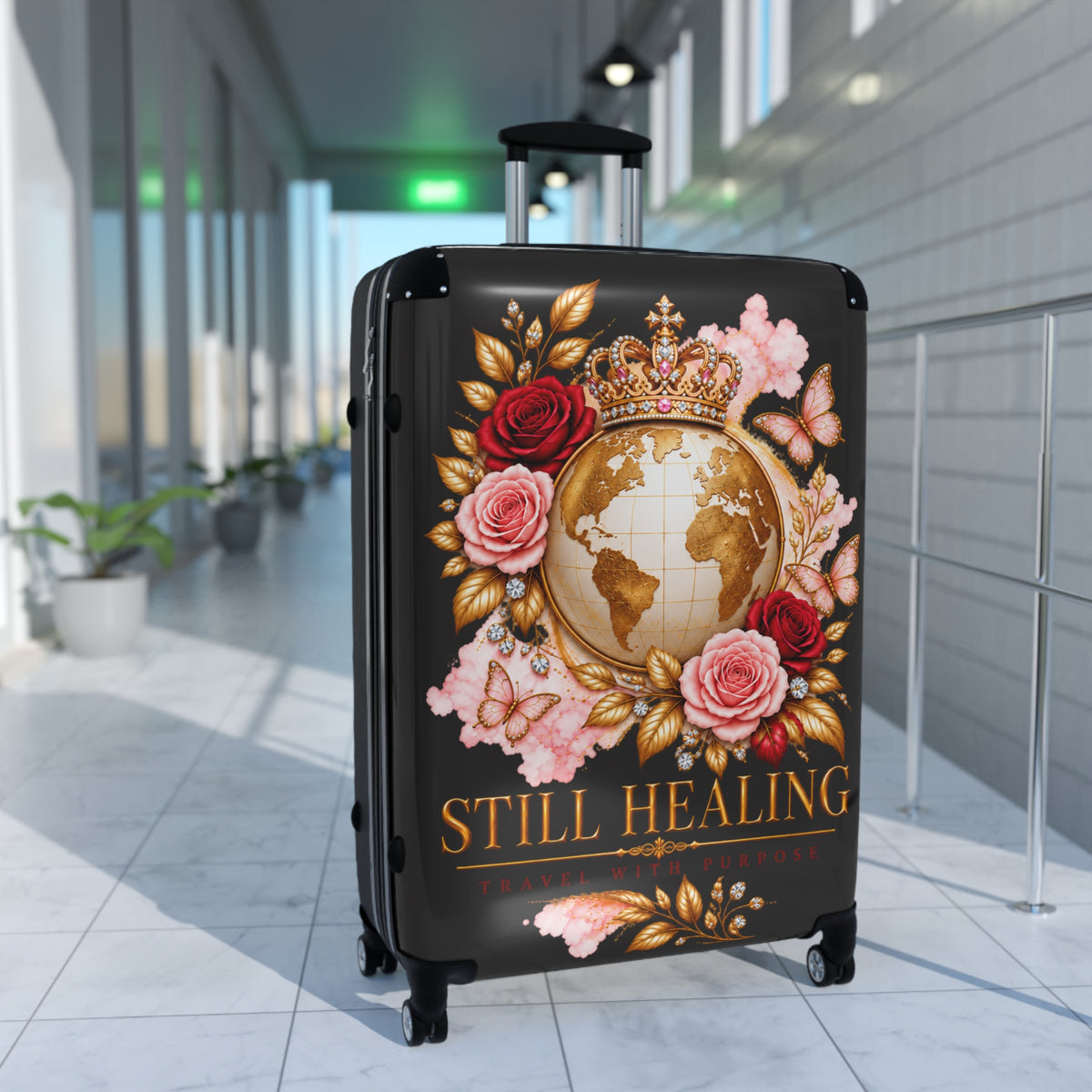 Still Healing Floral Globe Suitcase — Decorative Travel Luggage