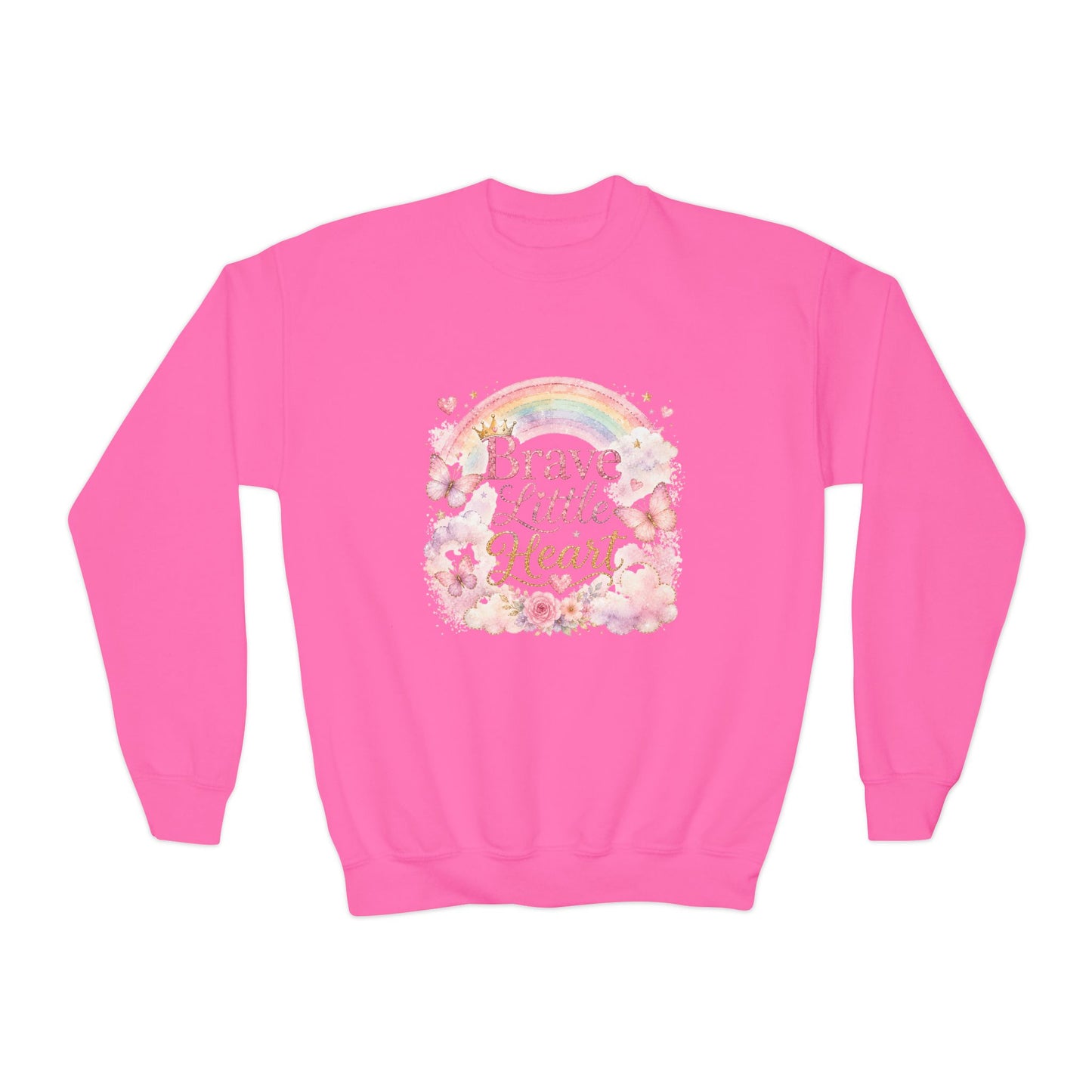 Youth Sweatshirt – "Brave Little Heart" Rainbow Floral Crewneck