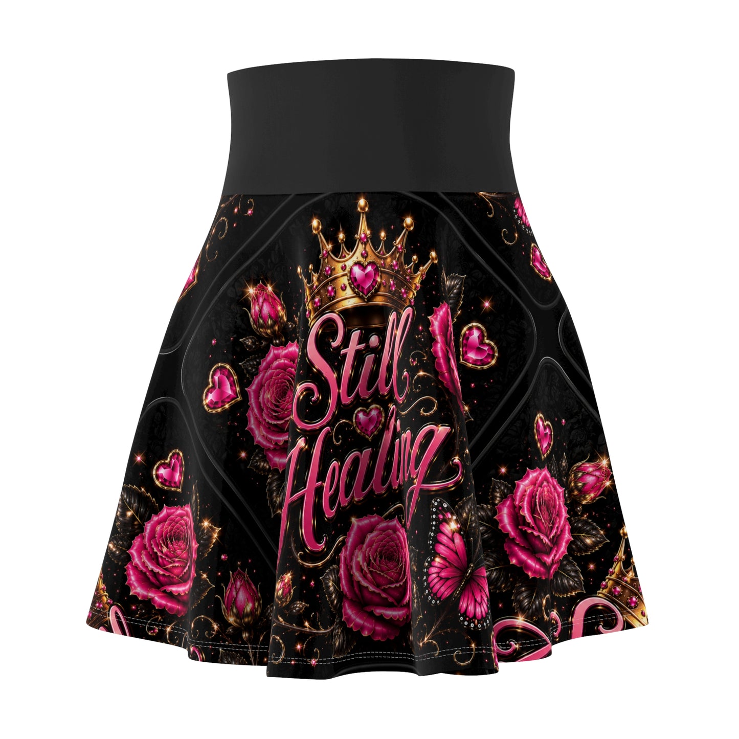 Still Healing Skater Skirt — Pink Roses, Crown & Butterfly Floral AOP