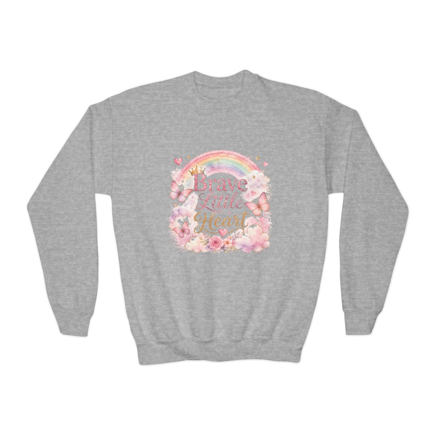 Youth Sweatshirt – "Brave Little Heart" Rainbow Floral Crewneck