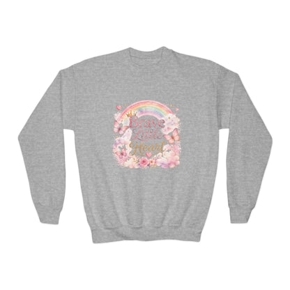 Youth Sweatshirt – "Brave Little Heart" Rainbow Floral Crewneck