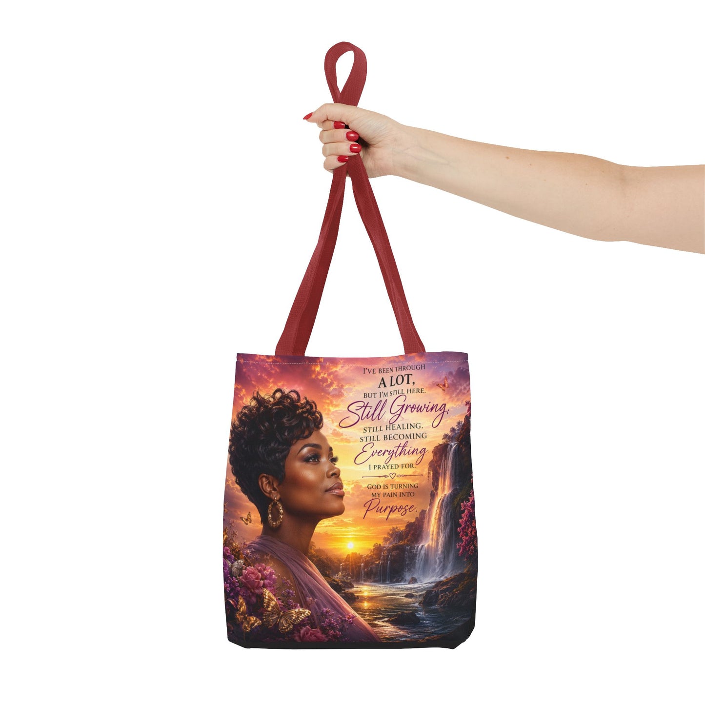 Inspirational 'Still Growing' Tote Bag — Empowering Women's Portrait Beach Sunset Design