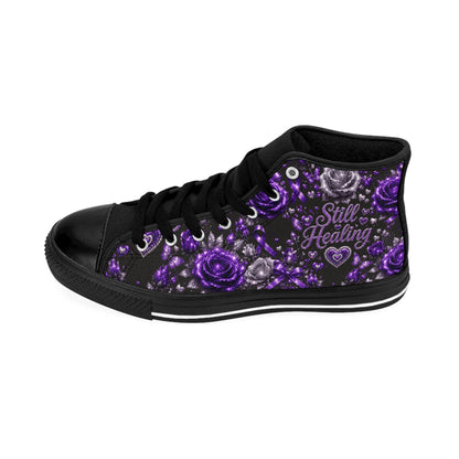 Still Healing Purple Rose High-Top Sneakers — Women's Floral Awareness Shoes