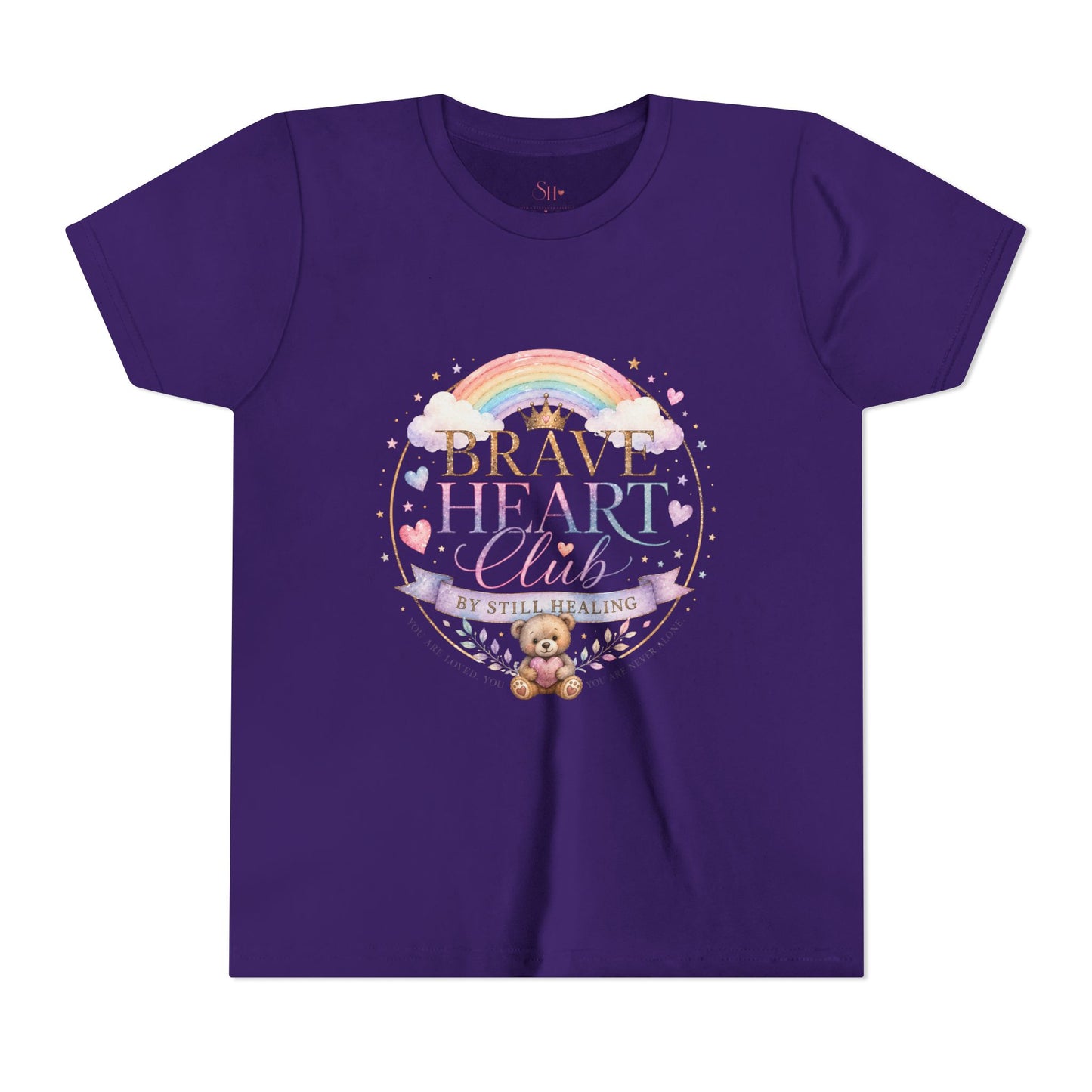 Brave Heart Club Youth Tee — Pastel Rainbow & Teddy Kids Shirt (“Brave Heart Club” Design)