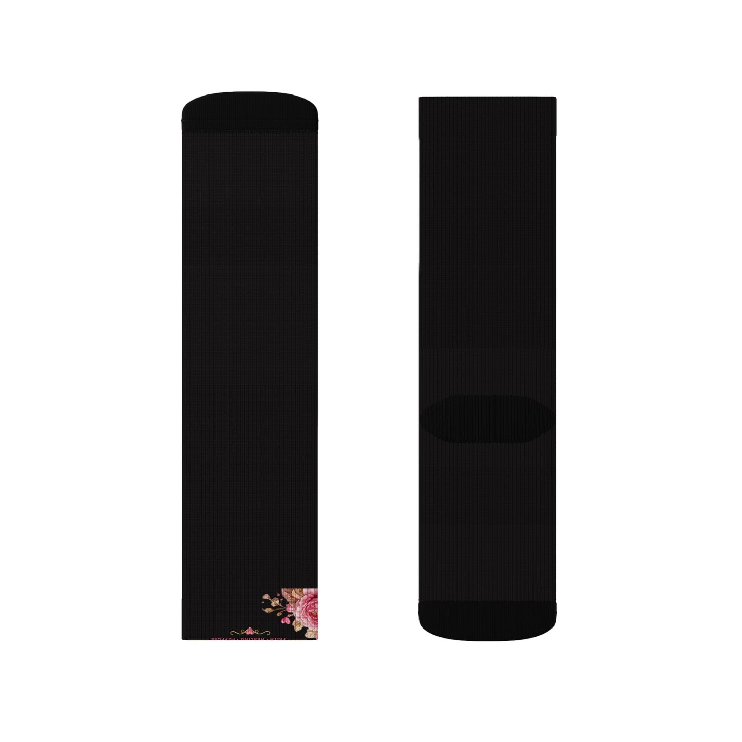 Black Sublimation Socks with Pink Floral “Still Healing” Script — Comfort Crew Socks for Self-Care & Gifts