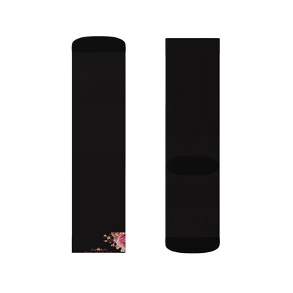 Black Sublimation Socks with Pink Floral “Still Healing” Script — Comfort Crew Socks for Self-Care & Gifts