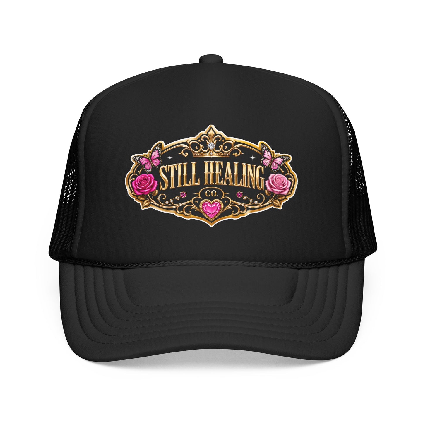 Still Healing Trucker Hat — Floral Vintage Patch Foam Cap