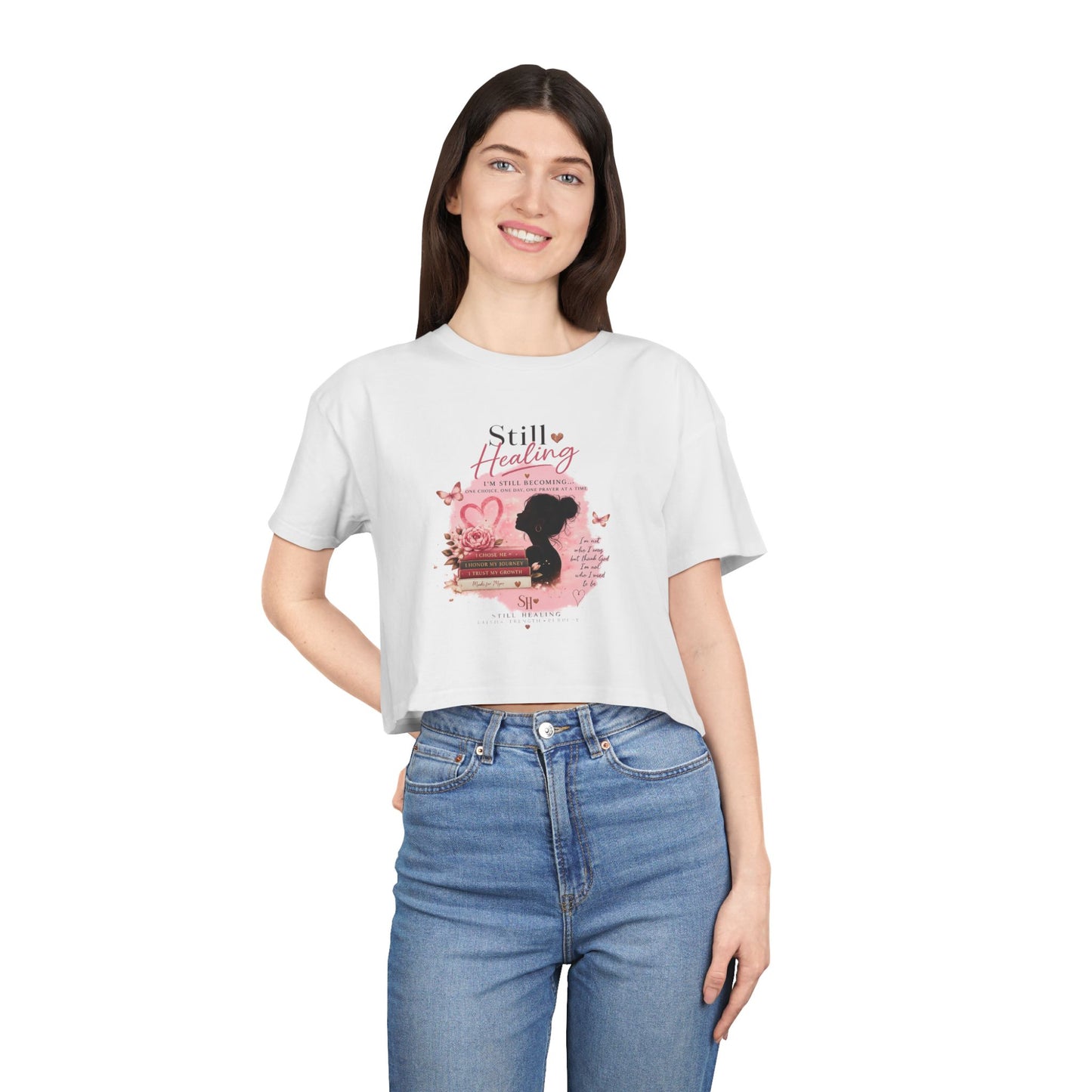 Crop Tee — 'Still Healing' Pink Floral Breast Cancer Awareness Top