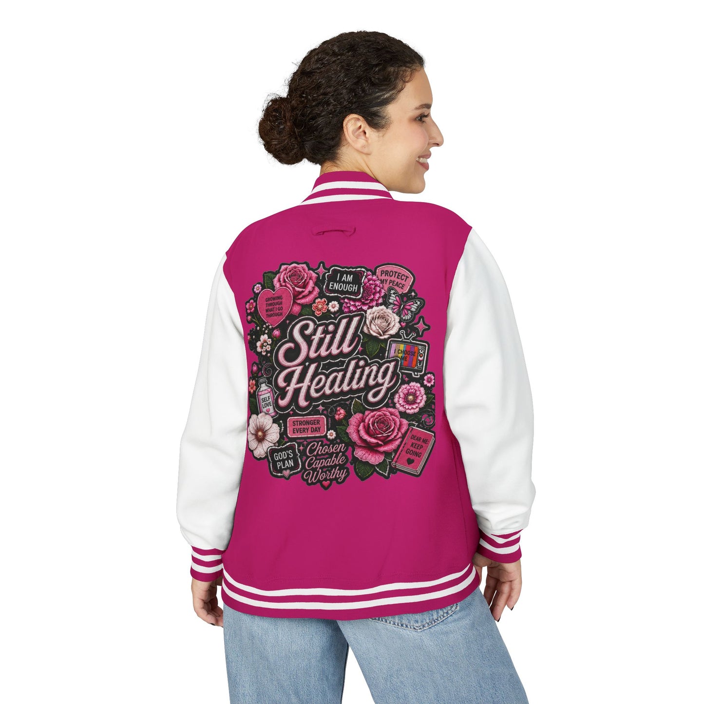 Still Healing Letterman Jacket — Pink Floral Varsity Jacket