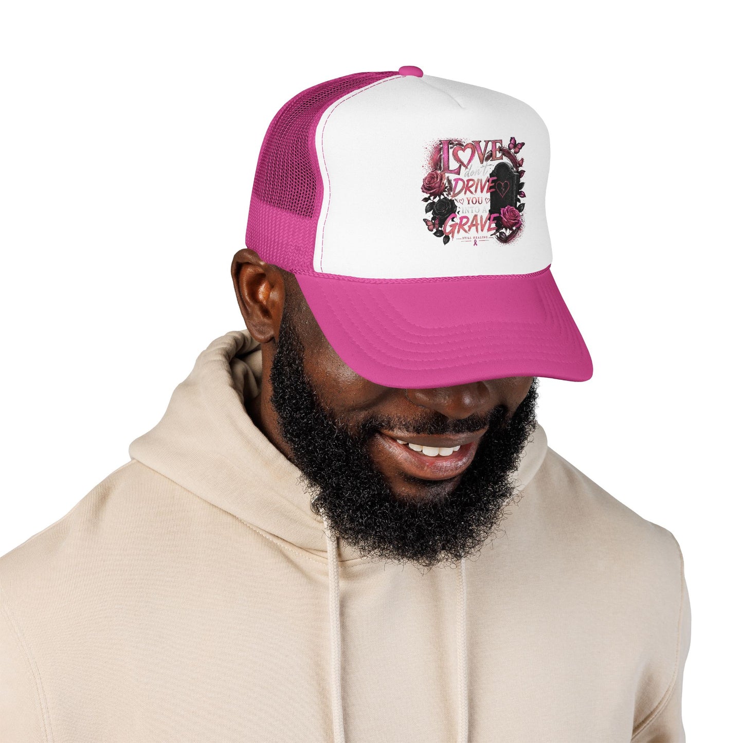 Trucker Hat — "I Love You Don't Drive Me to a Grave" Pink Gothic Heart Design