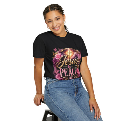 Christian T-Shirt — "Jesus is Peace" Floral Cross Tee