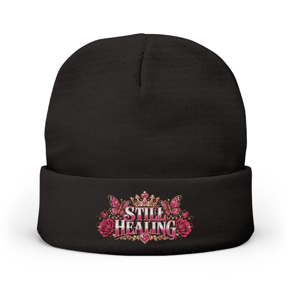 Embroidered 'Still Healing' Floral Crown Knit Beanie