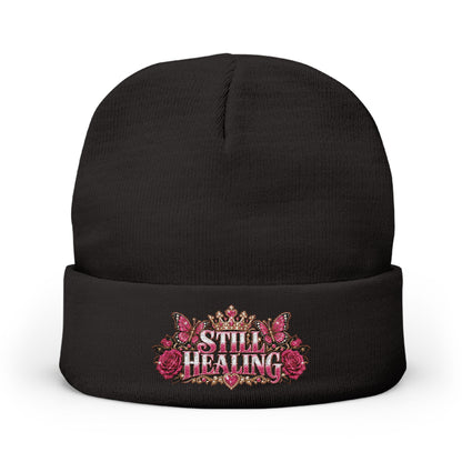 Embroidered 'Still Healing' Floral Crown Knit Beanie