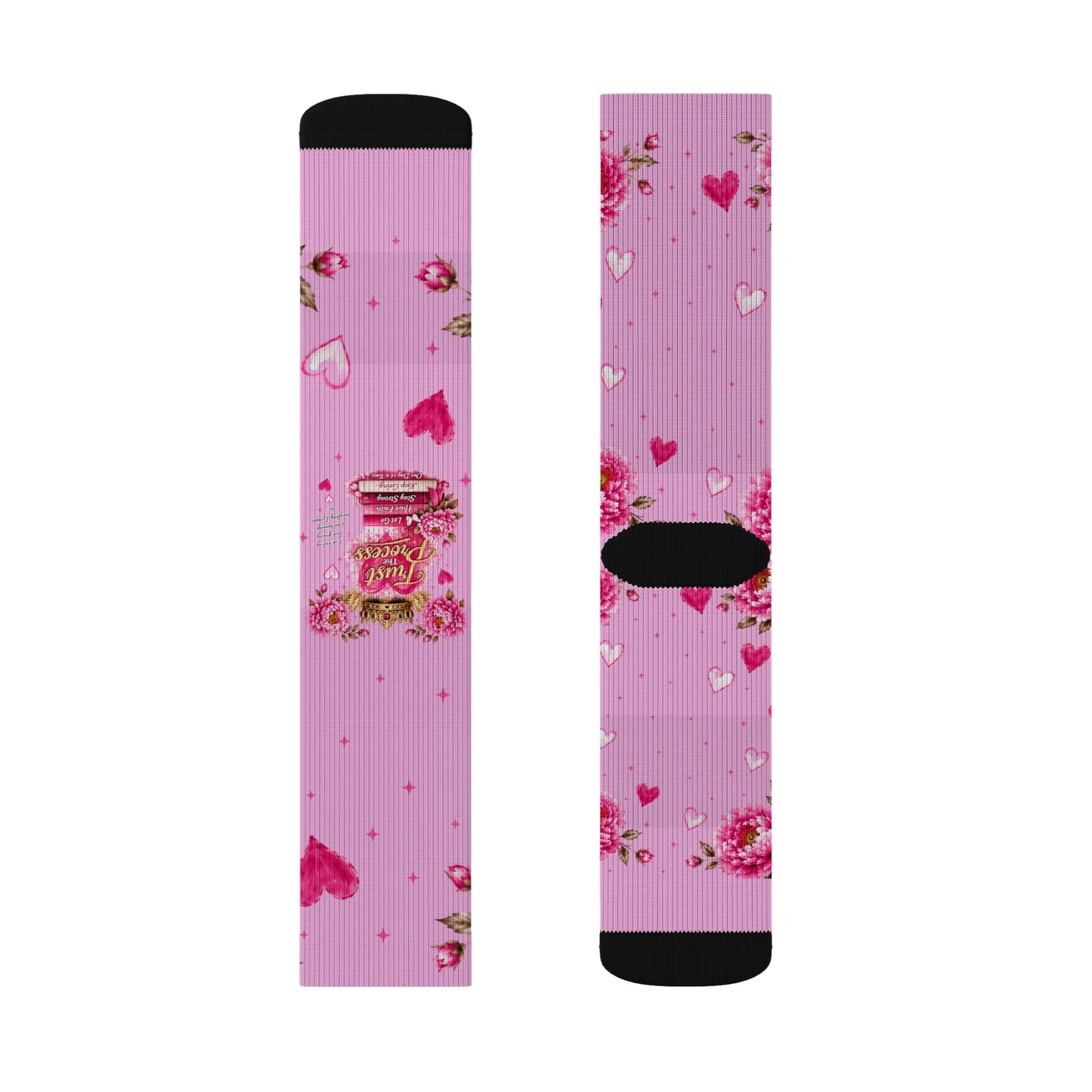 Pink Floral Heart Sublimation Socks — Romantic Valentine's Day Crew Socks
