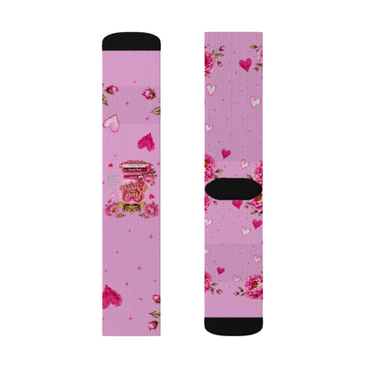 Pink Floral Heart Sublimation Socks — Romantic Valentine's Day Crew Socks
