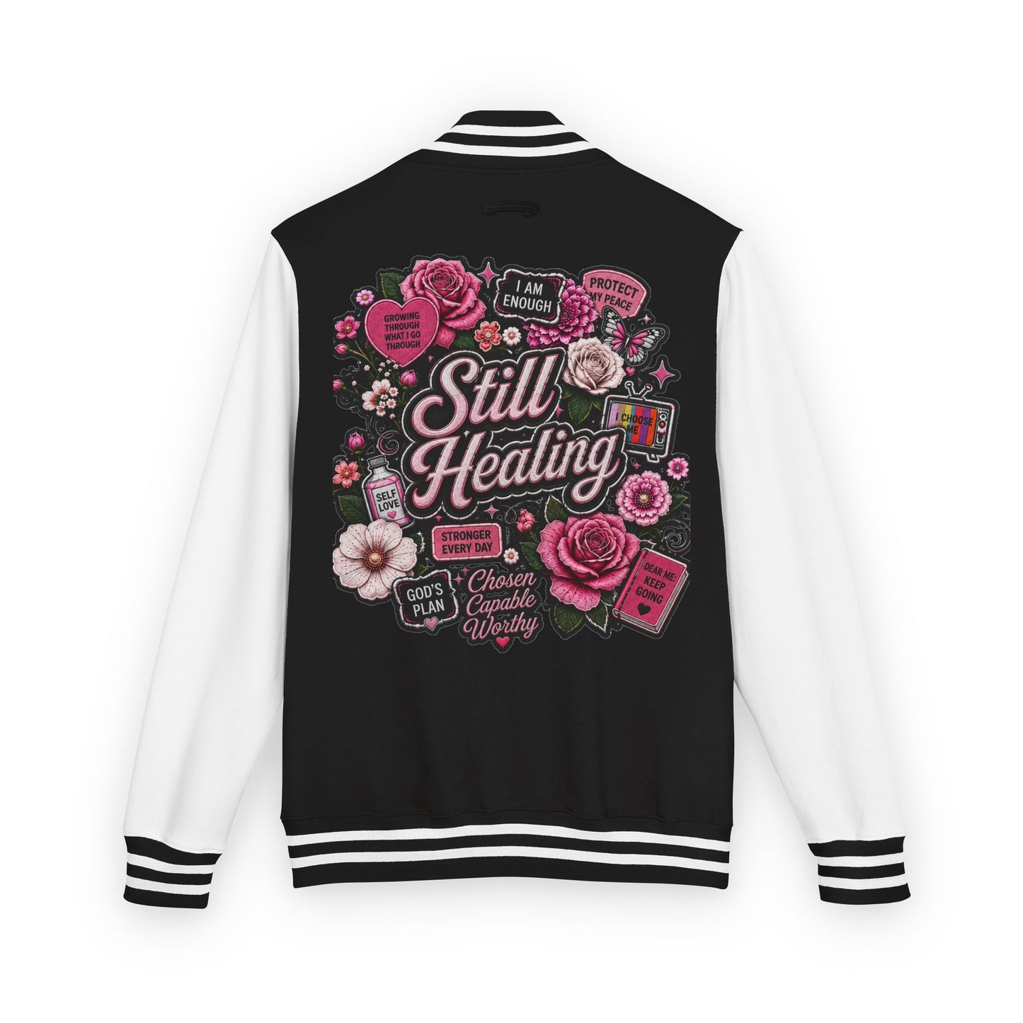 Still Healing Letterman Jacket — Pink Floral Varsity Jacket