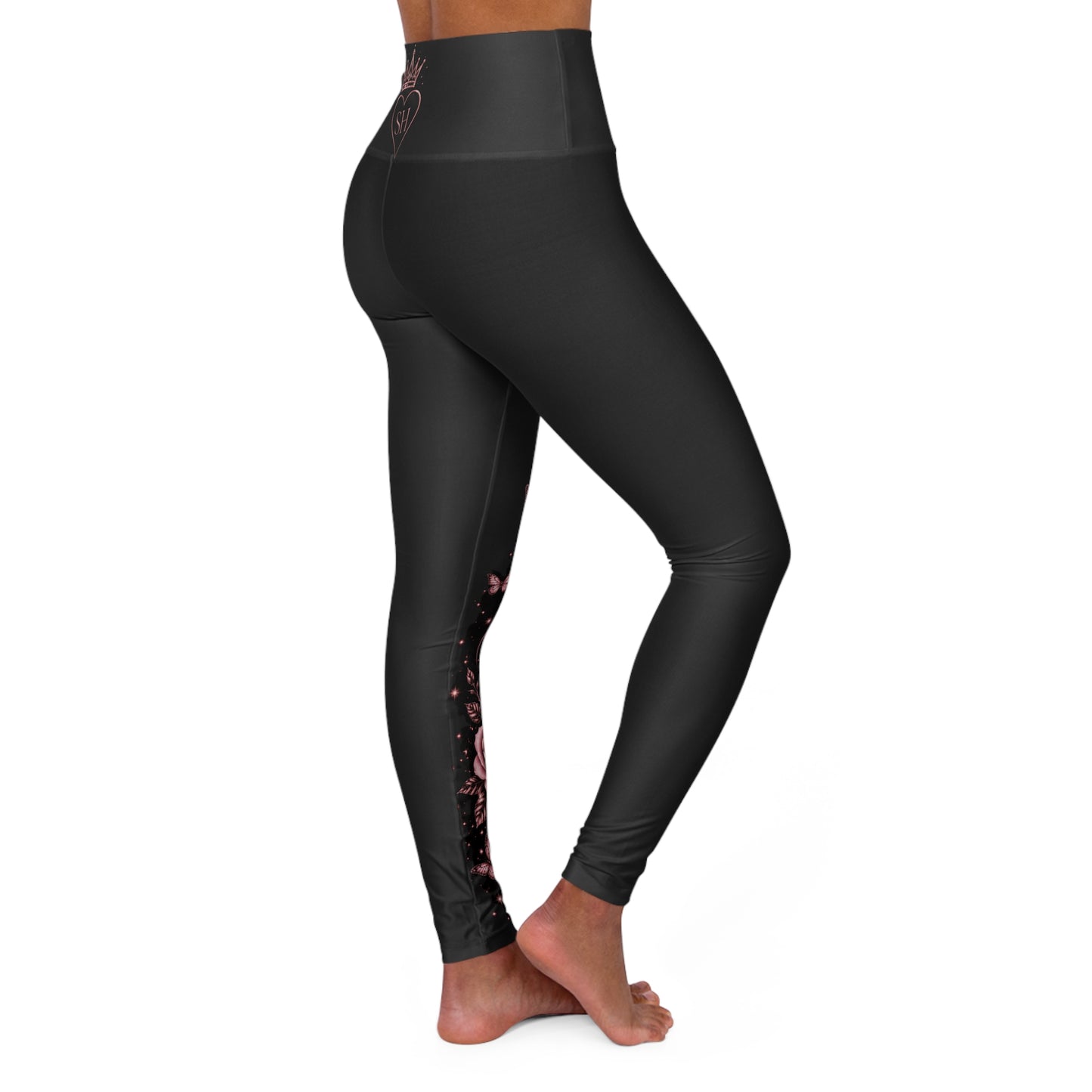 High-Waisted Floral Yoga Leggings — Rose Accent AOP