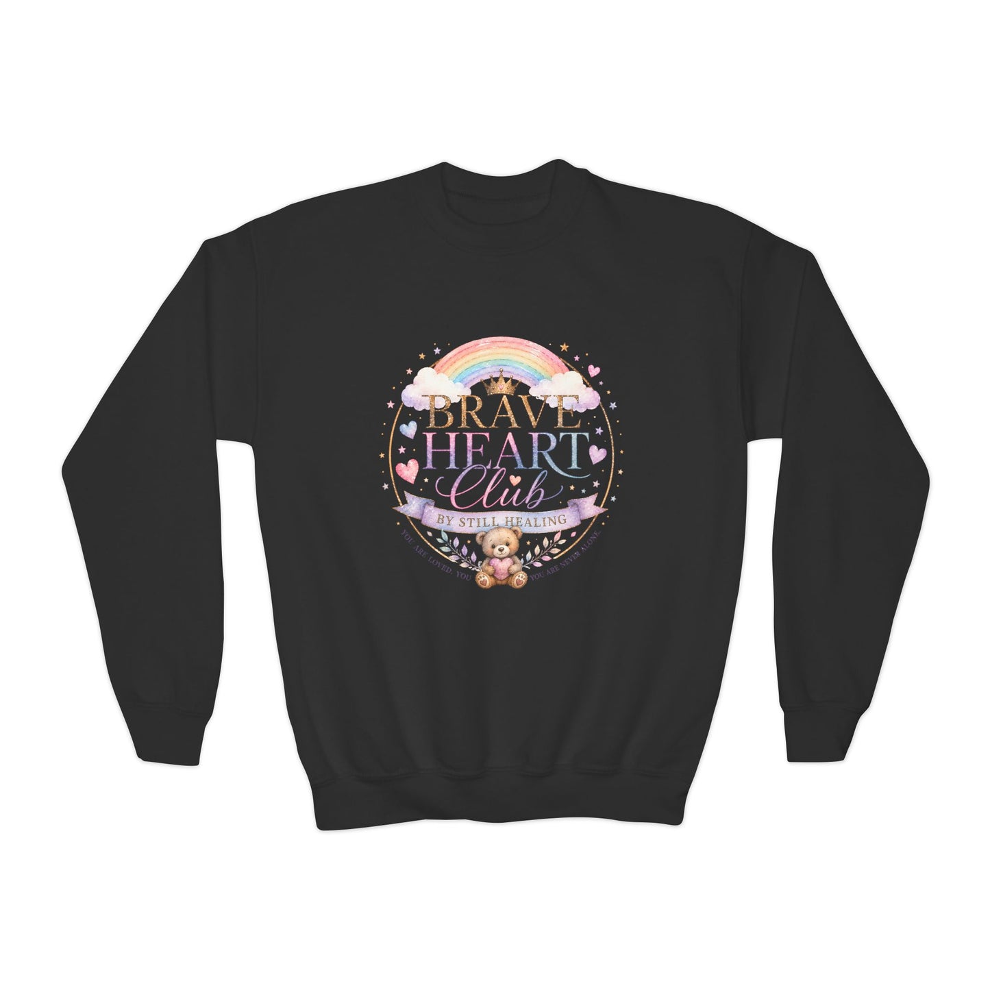 Brave Heart Club Youth Crewneck Sweatshirt — Rainbow Teddy Cancer Awareness