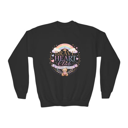 Brave Heart Club Youth Crewneck Sweatshirt — Rainbow Teddy Cancer Awareness