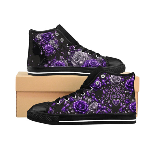 Still Healing Purple Rose High-Top Sneakers — Women's Floral Awareness Shoes