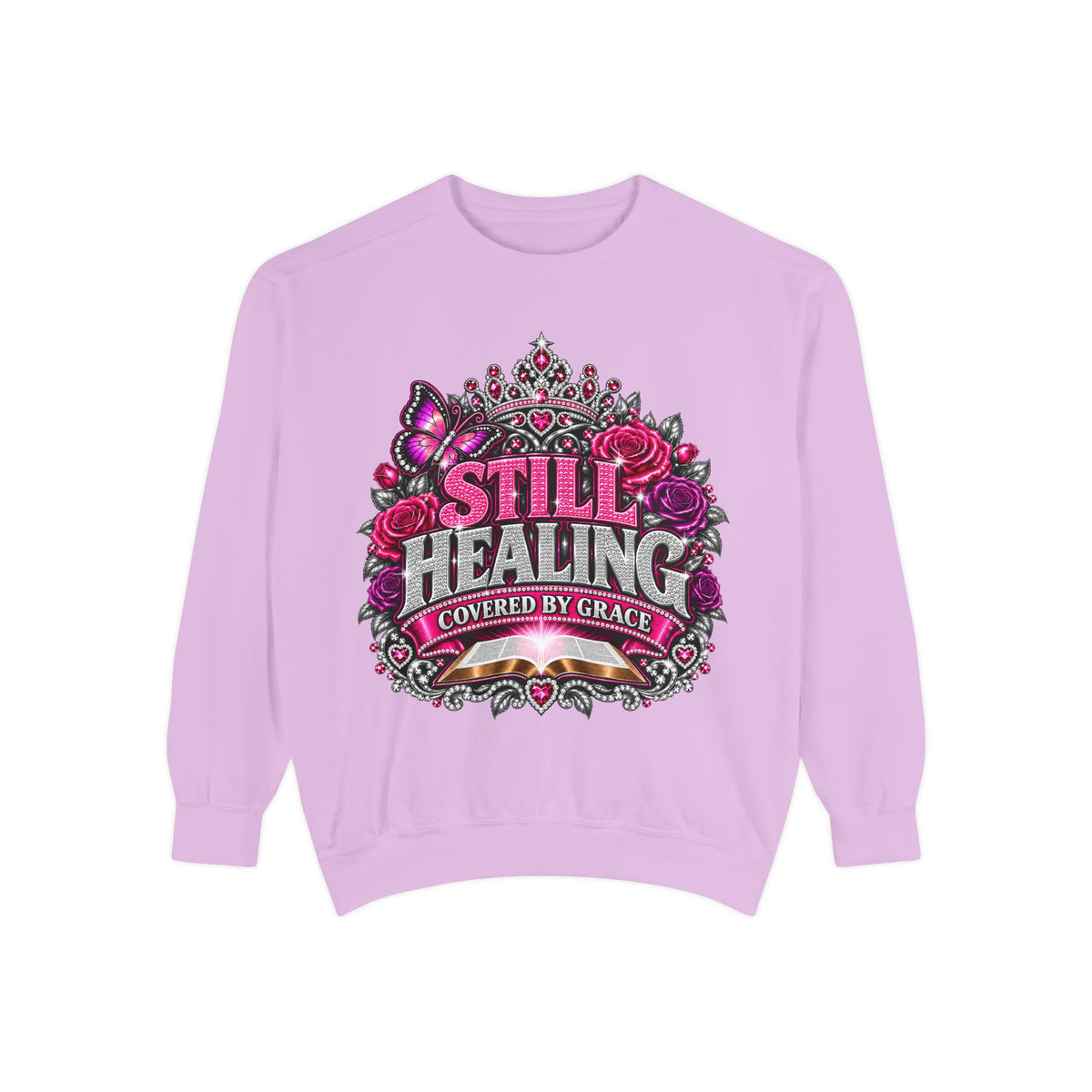 Still Healing Sweatshirt — 'Covered by Grace' Sparkle Graphic Crewneck