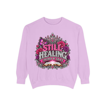 Still Healing Sweatshirt — 'Covered by Grace' Sparkle Graphic Crewneck