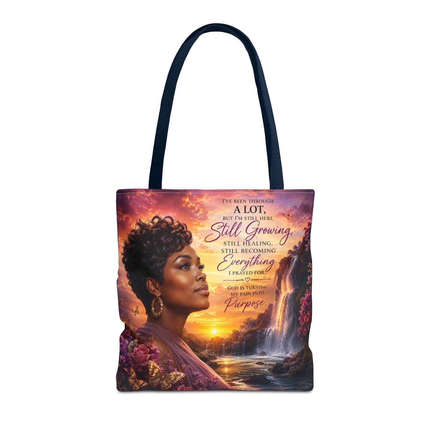 Inspirational 'Still Growing' Tote Bag — Empowering Women's Portrait Beach Sunset Design