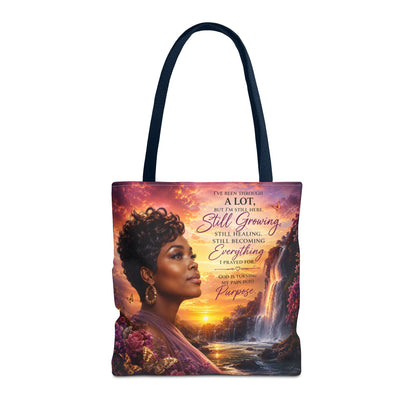 Inspirational 'Still Growing' Tote Bag — Empowering Women's Portrait Beach Sunset Design