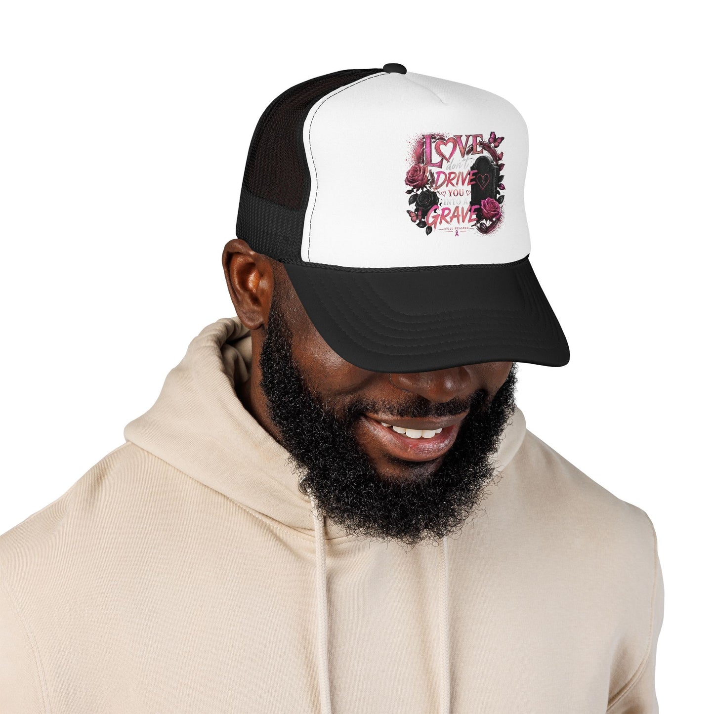 Trucker Hat — "I Love You Don't Drive Me to a Grave" Pink Gothic Heart Design