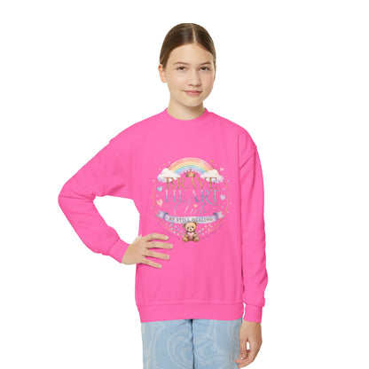 Brave Heart Club Youth Crewneck Sweatshirt — Rainbow Teddy Cancer Awareness
