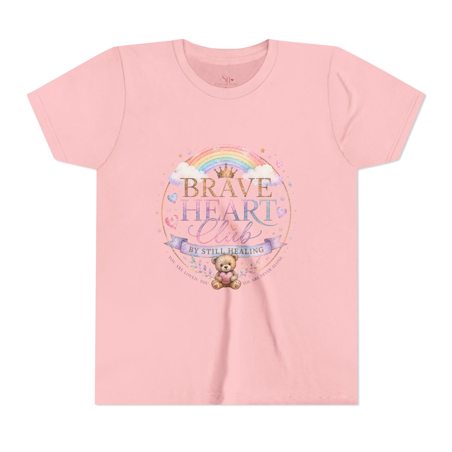 Brave Heart Club Youth Tee — Pastel Rainbow & Teddy Kids Shirt (“Brave Heart Club” Design)