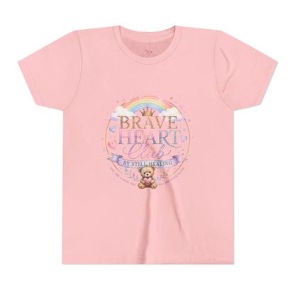 Brave Heart Club Youth Tee — Pastel Rainbow & Teddy Kids Shirt (“Brave Heart Club” Design)