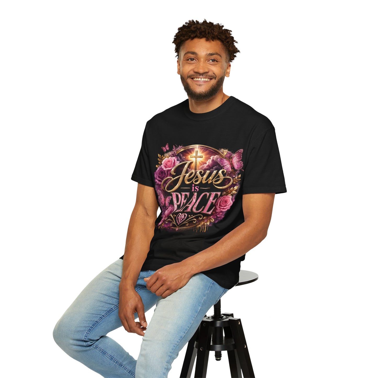 Christian T-Shirt — "Jesus is Peace" Floral Cross Tee