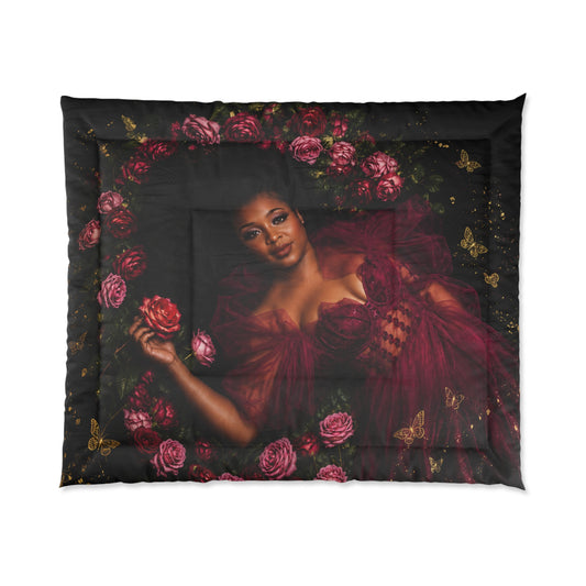 Romantic Rose Queen Comforter – Elegant Woman Portrait in Burgundy Gown