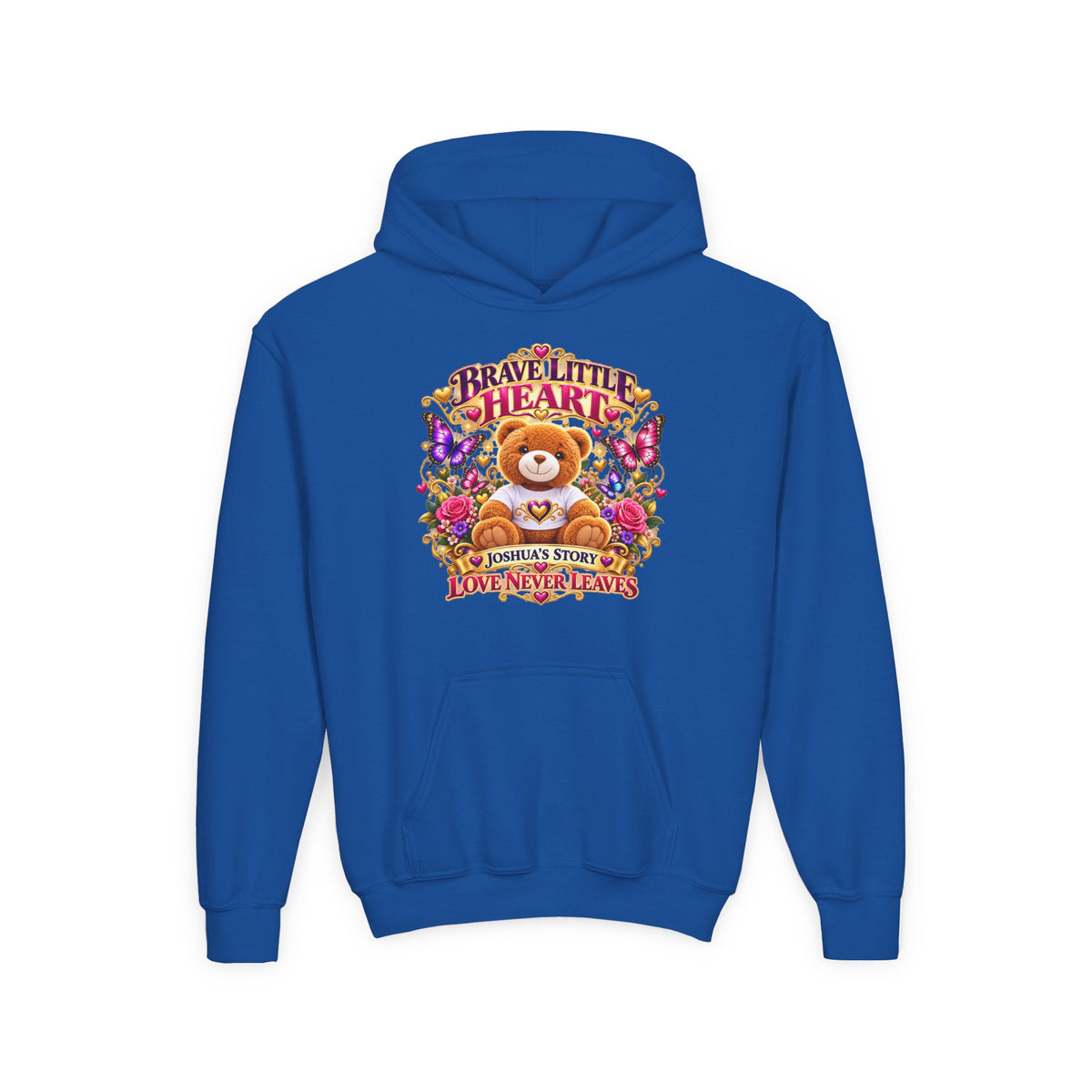 Brave Little Heart Youth Hoodie – Personalized Teddy Bear 'Love Never Leaves' Kids Sweatshirt