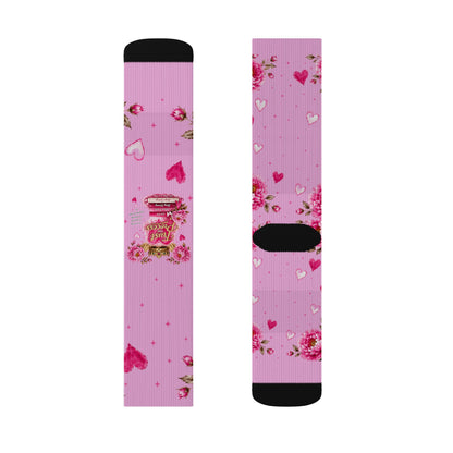 Pink Floral Heart Sublimation Socks — Romantic Valentine's Day Crew Socks