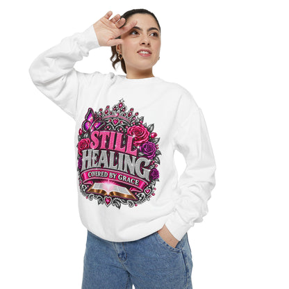 Still Healing Sweatshirt — 'Covered by Grace' Sparkle Graphic Crewneck