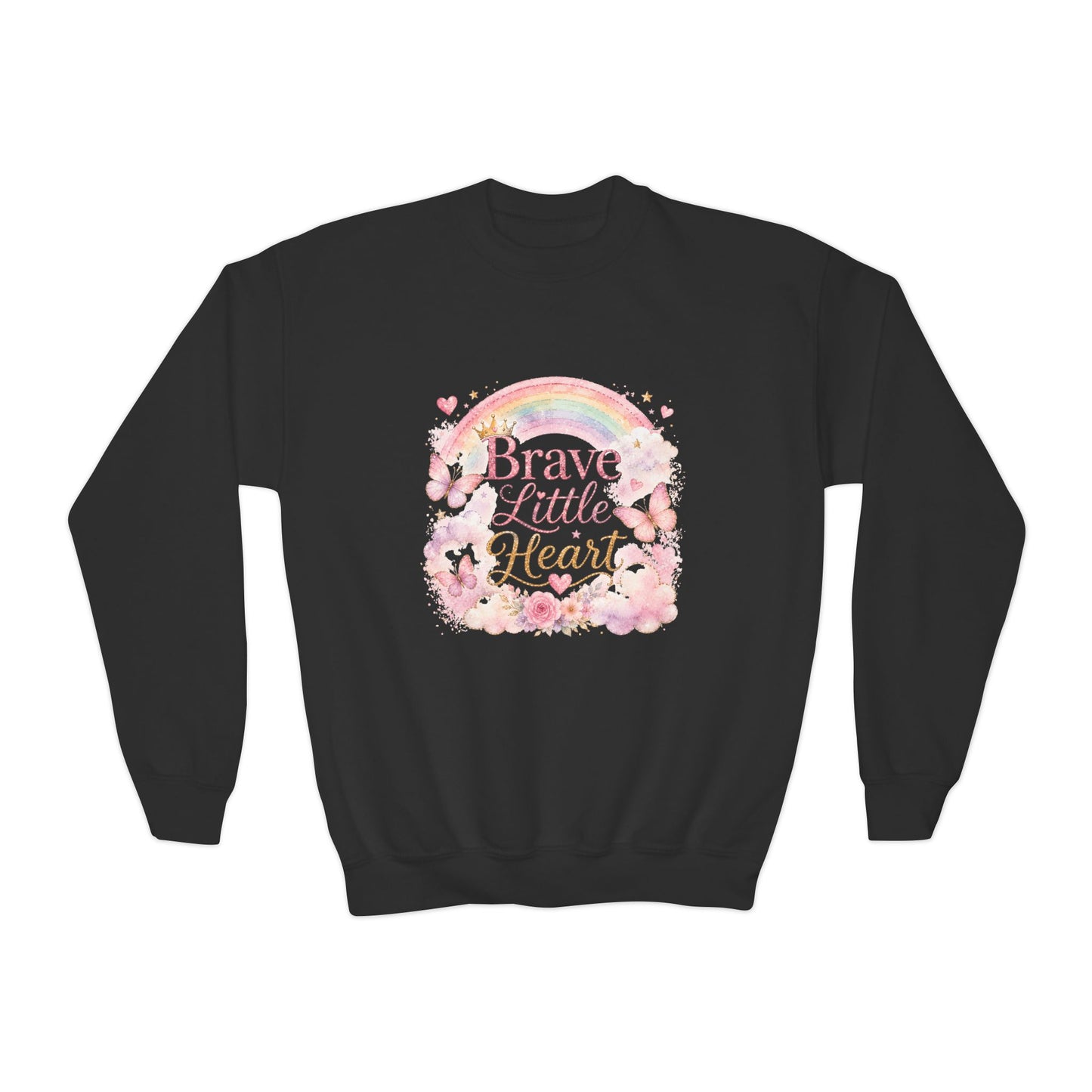 Youth Sweatshirt – "Brave Little Heart" Rainbow Floral Crewneck