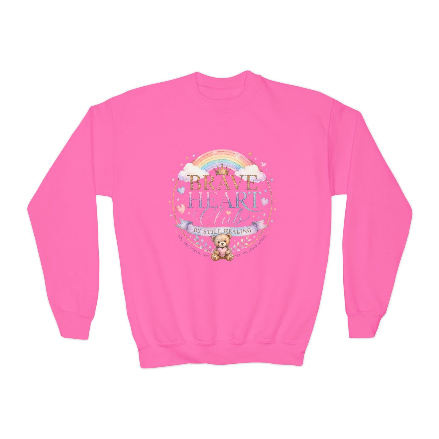 Brave Heart Club Youth Crewneck Sweatshirt — Rainbow Teddy Cancer Awareness