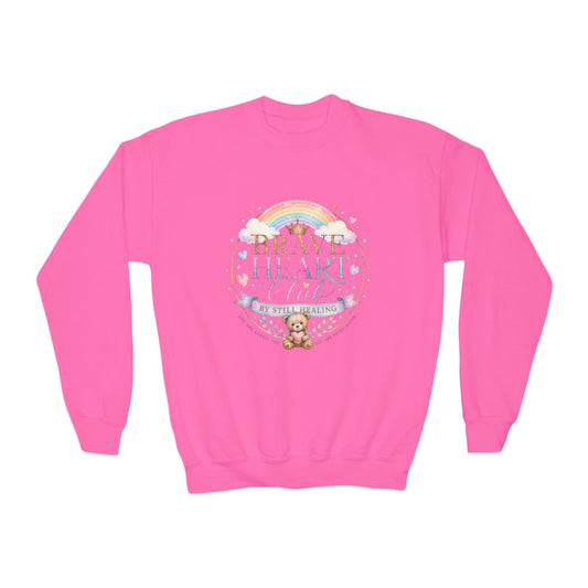 Brave Heart Club Youth Crewneck Sweatshirt — Rainbow Teddy Cancer Awareness