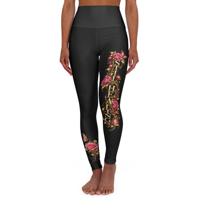 High-Waist Yoga Leggings — Vintage Floral “She’s Healed” Design