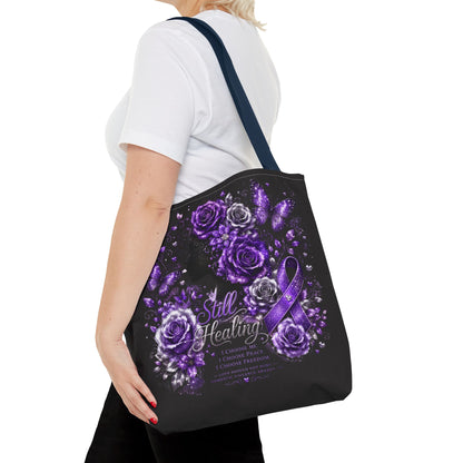 Purple Ribbon 'Still Healing' Floral Tote Bag