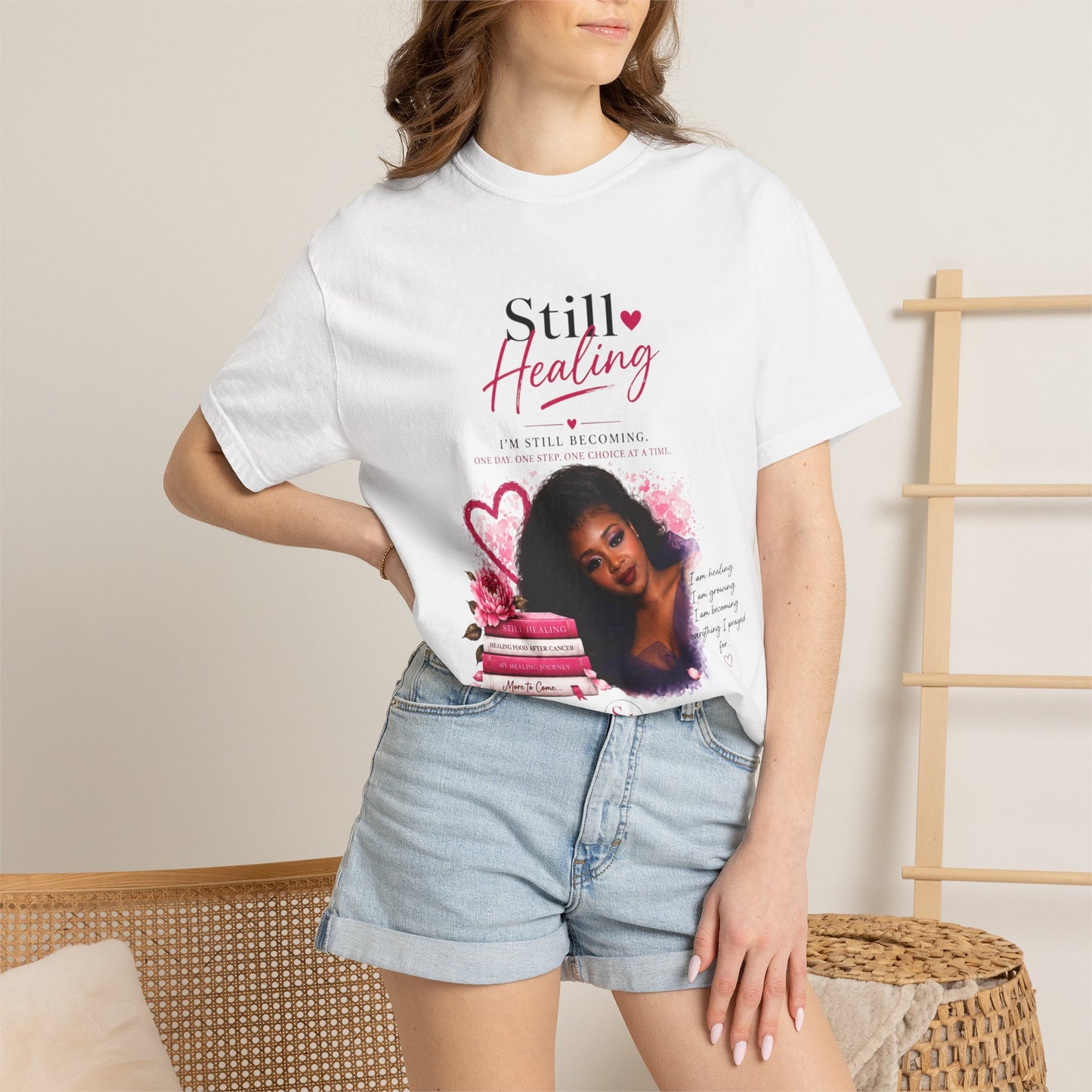 T-Shirt — "Still Healing" Inspirational Recovery Tee (Pink Floral)