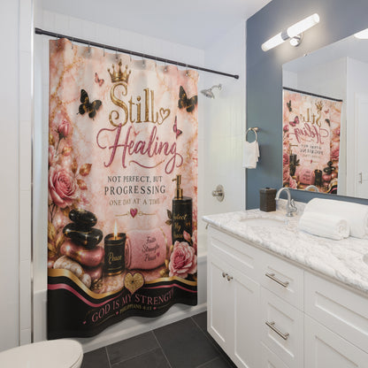 Still Healing Shower Curtain — Inspirational Christian Bathroom Decor (God Is My Strength)