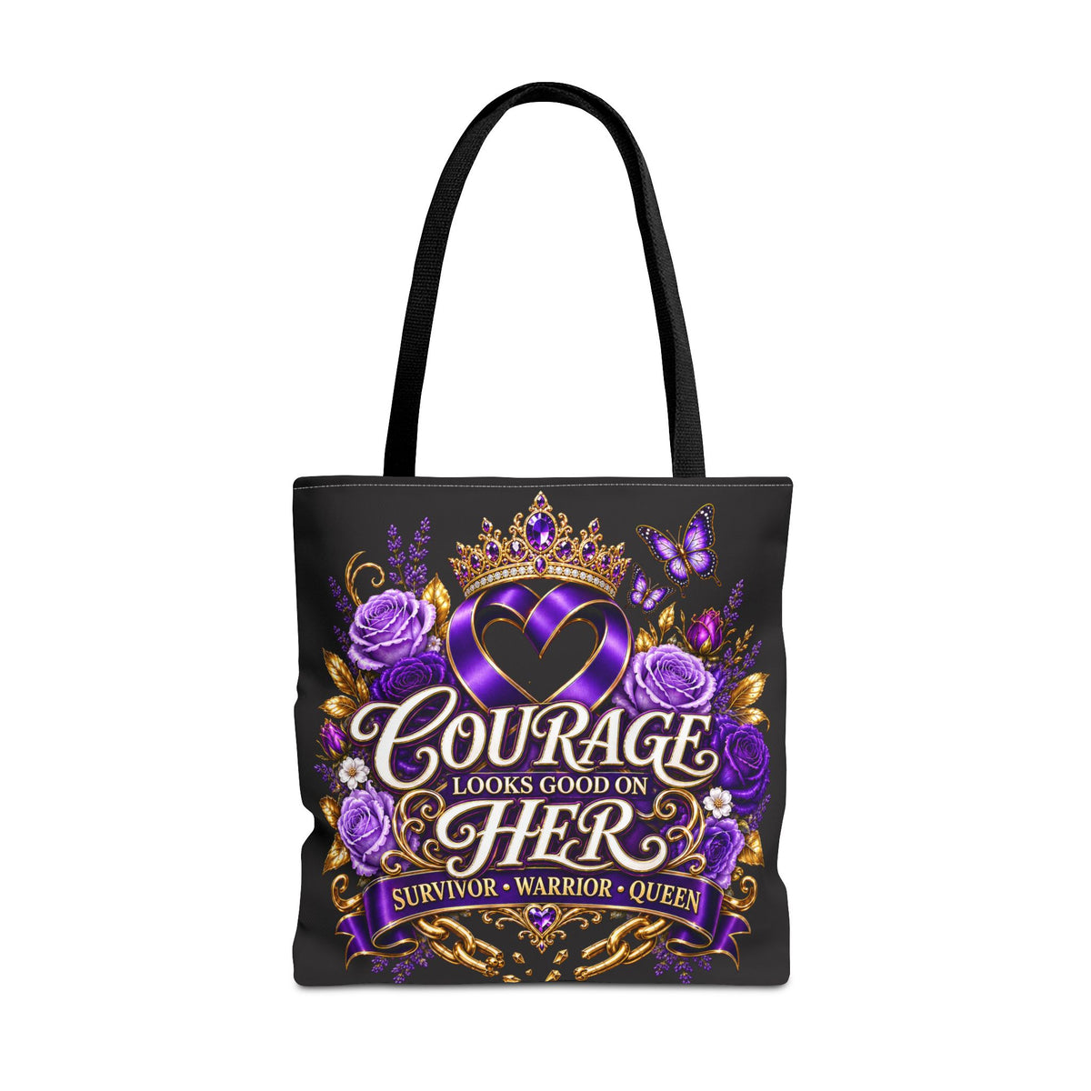 Courage Looks Good on Her Tote Bag — Purple Survivor Warrior Queen Tote