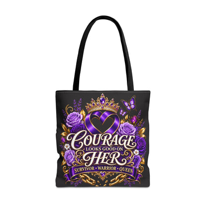Courage Looks Good on Her Tote Bag — Purple Survivor Warrior Queen Tote