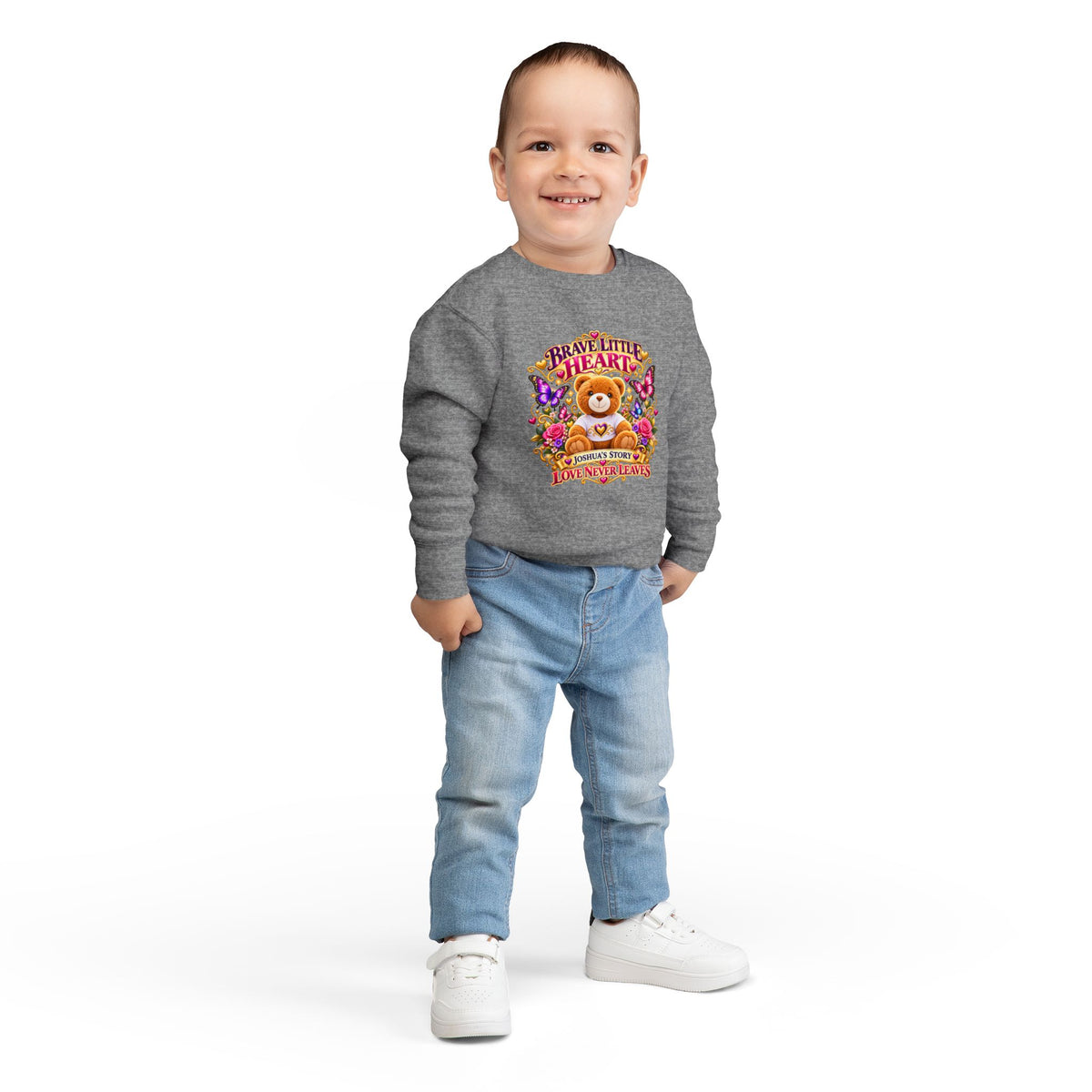 Brave Little Heart Toddler Sweatshirt – Personalized Bear & Butterflies “Love Never Leaves”